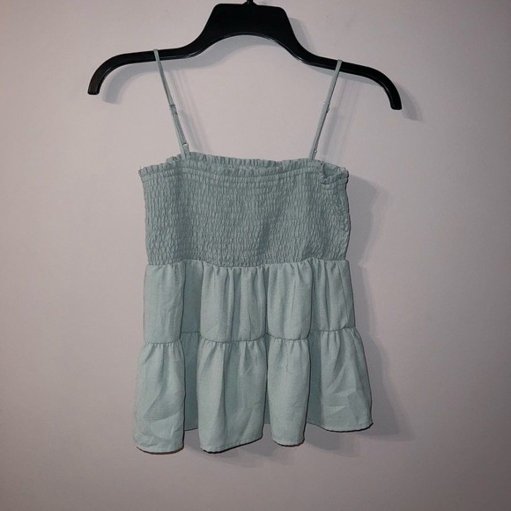 Spaghetti strap green ruffle tank top small Paper Crane